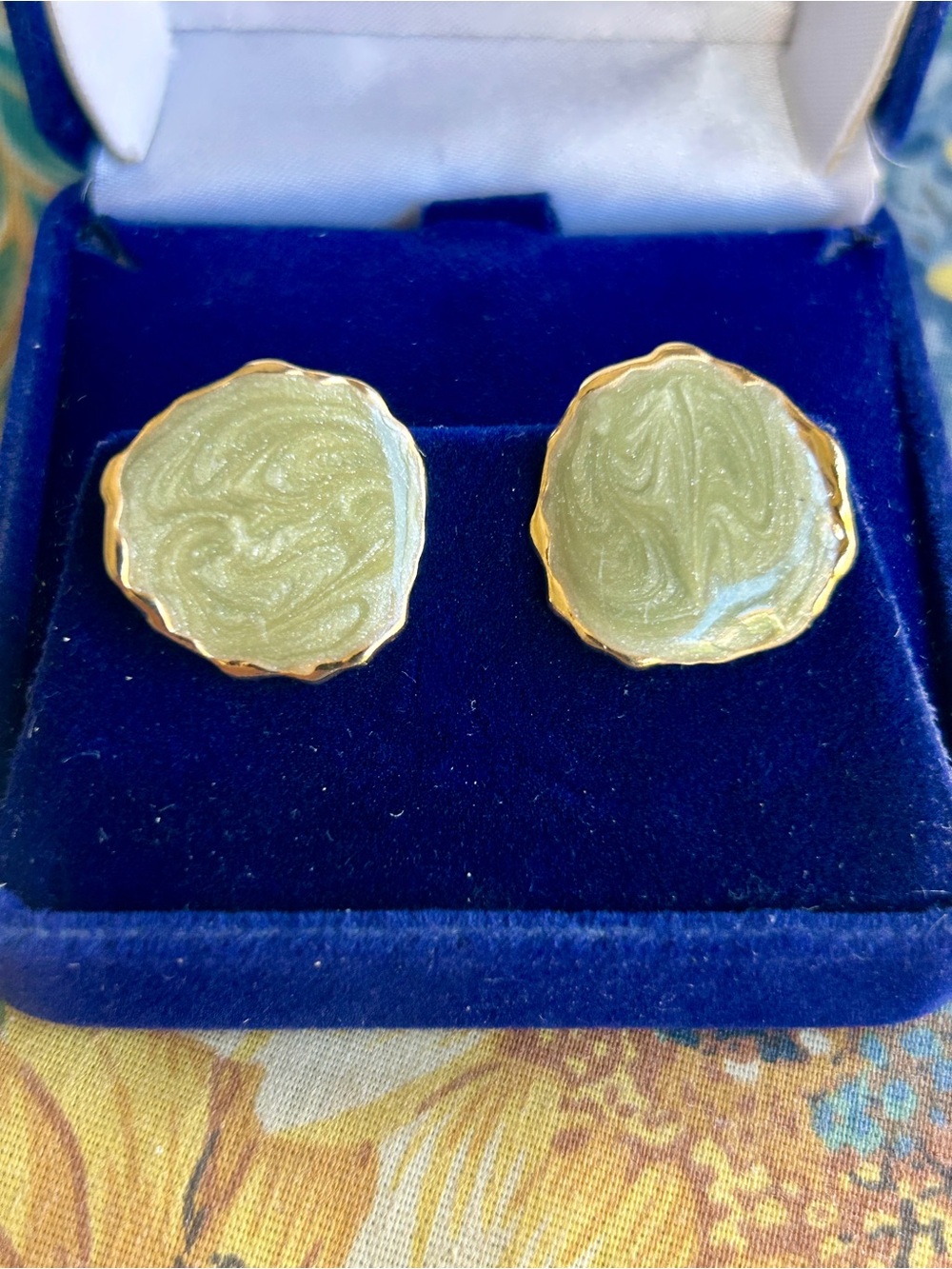 Vintage Gold-Edged Olive Green Enamel Round Post Earrings